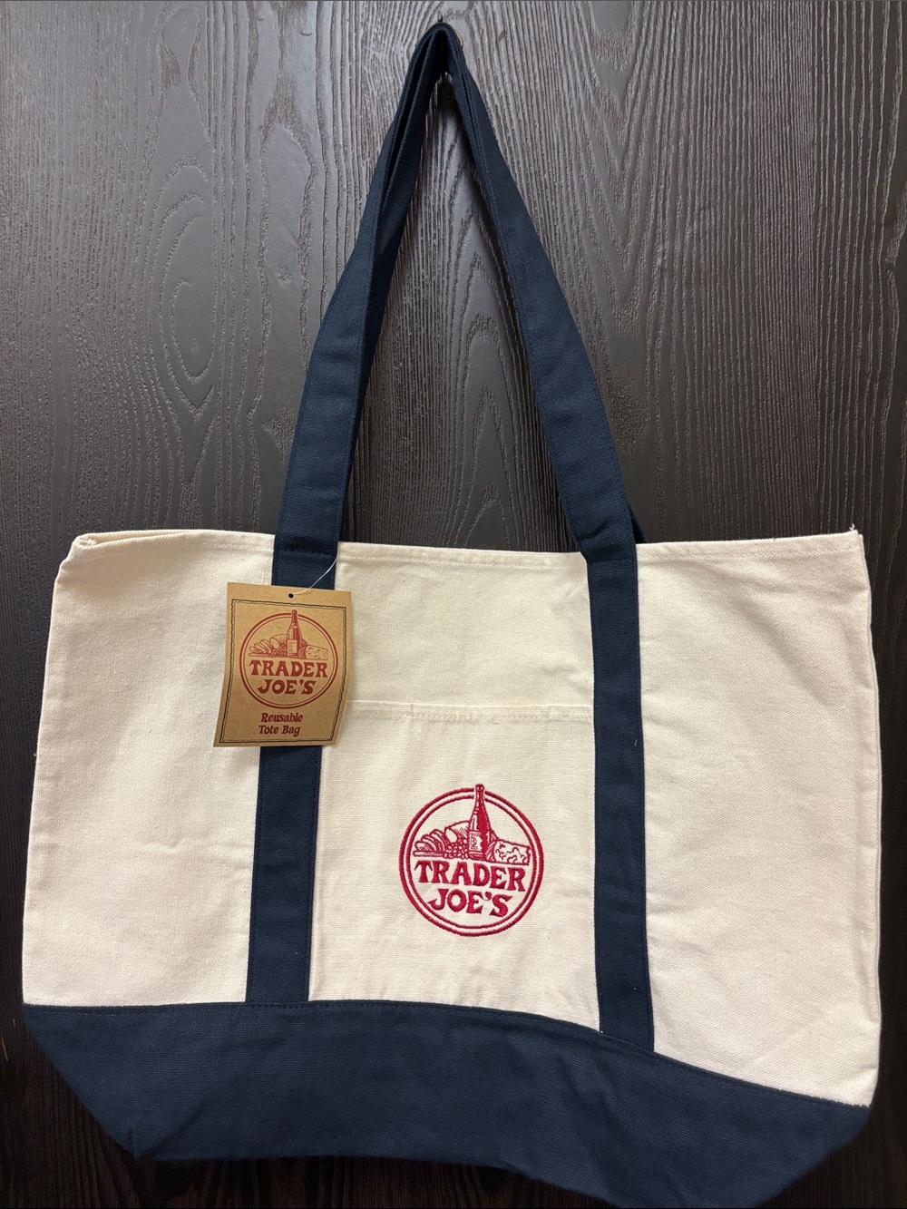 White and Navy Trader Joe’s Canvas Tote Bag- large